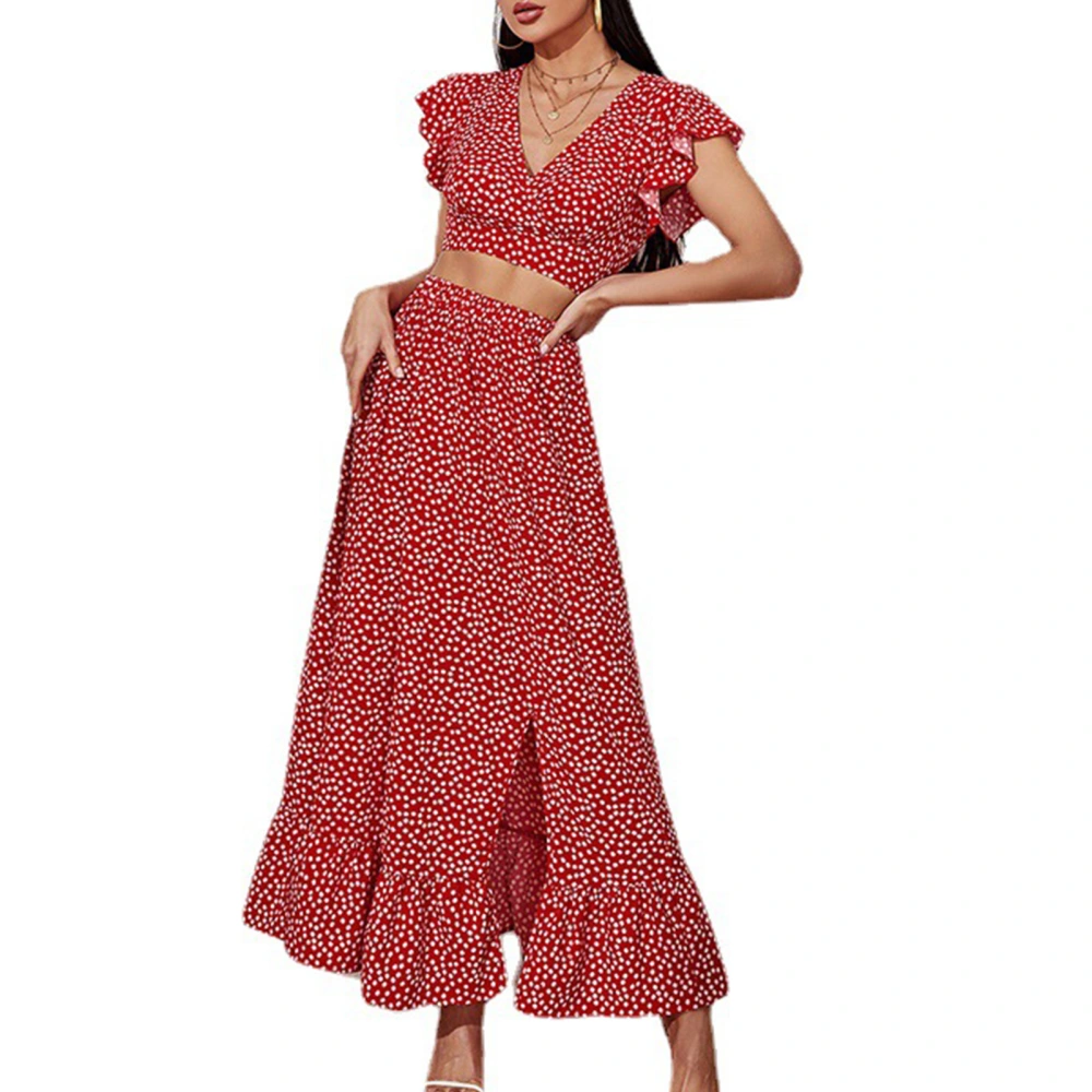 Women V Neck Top Skirt Set Ruffle Short Sleeves Dotted Pattern High Waist Split Summer 2 Pieces Suit Red M