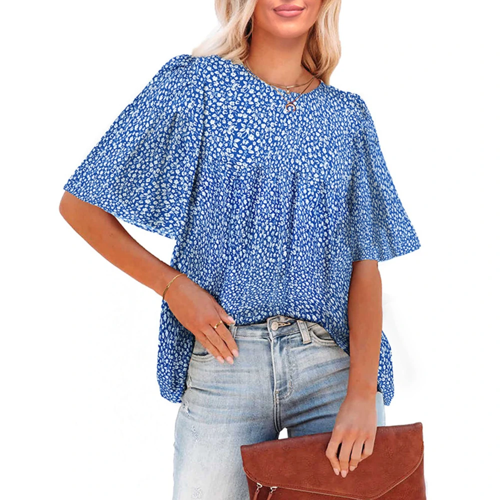 Short Sleeve Blouse Round Neck Loose Fit Pleated Design Casual Women Summer Top for Dating Daily Shopping Blue XL