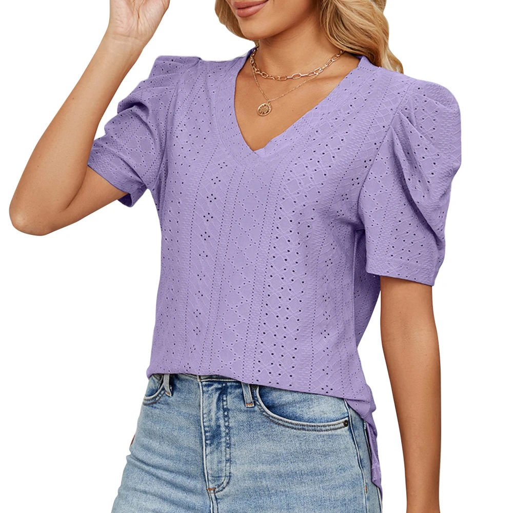 Women Casual Short Puff Sleeve Top V Neck Pure Color Elegant Dressy T Shirt for Summer Purple M