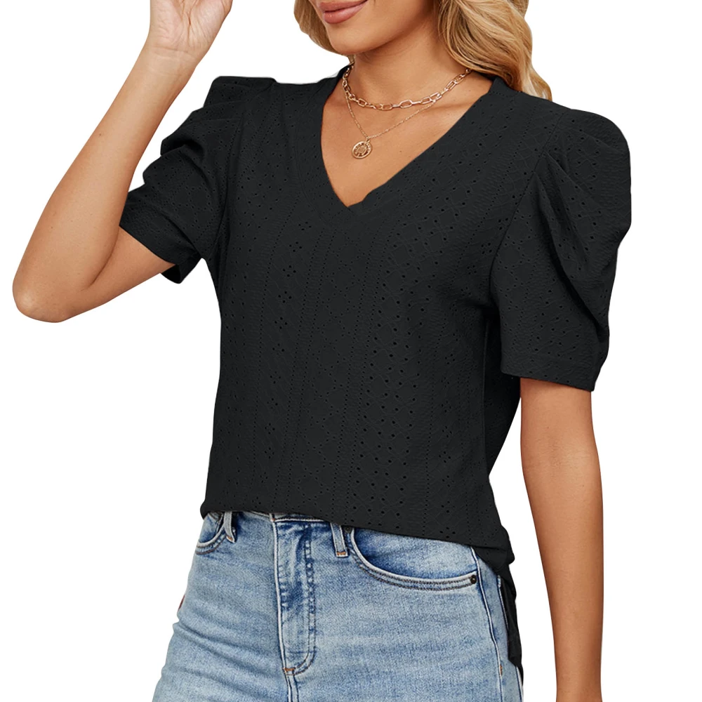 Women Casual Short Puff Sleeve Top V Neck Pure Color Elegant Dressy T Shirt for Summer Black S