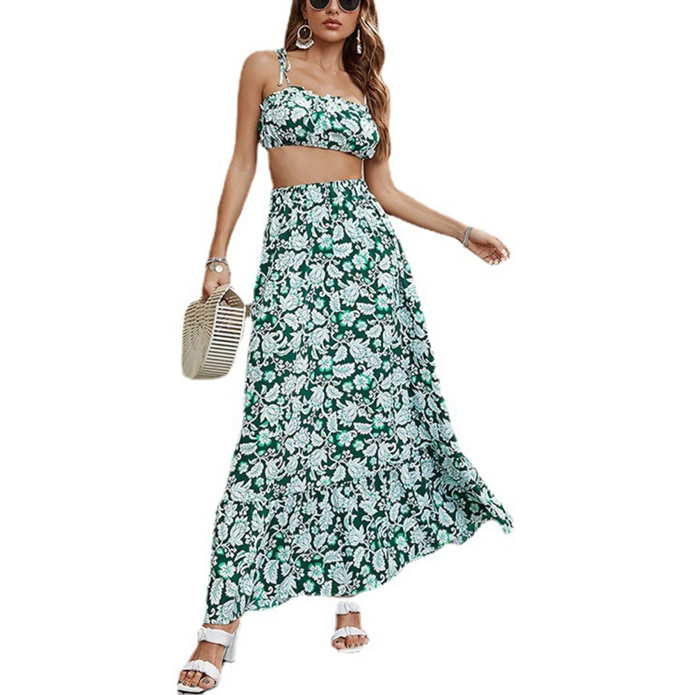 Women Floral Printed Top Maxi Skirts Set Spaghetti Strap Back Shirred A Line High Waist 2 Piece Outfit for Summer Emerald S