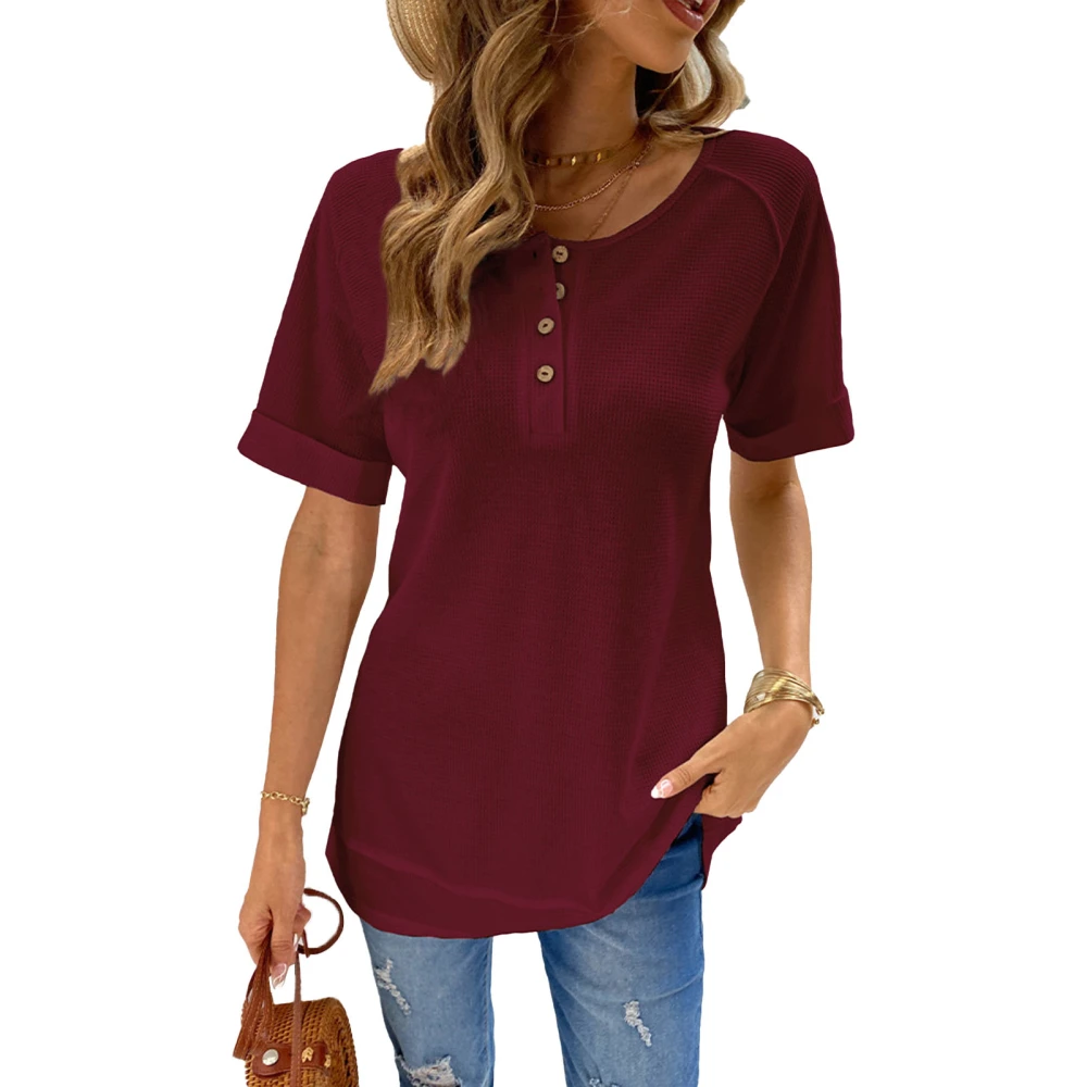 Short Sleeve Blouse Pure Color V Neckline Casual Fitted Short Sleeve Blouse for Lady Girl Summer Burgundy XL