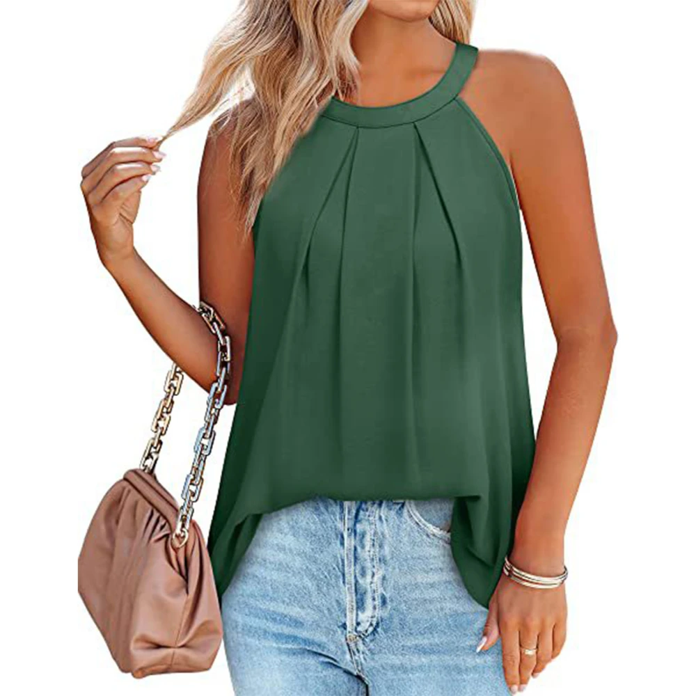 Women Halter Neck Tank Top Loose Ruffled Fashion Soft Breathable Sleeveless Casual Blouse for Summer Green L