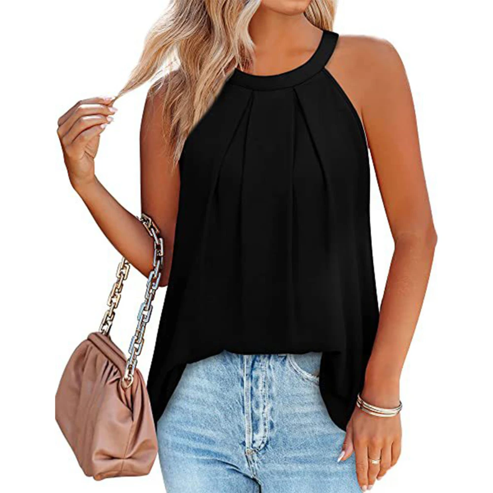 Women Halter Neck Tank Top Loose Ruffled Fashion Soft Breathable Sleeveless Casual Blouse for Summer Black XXL