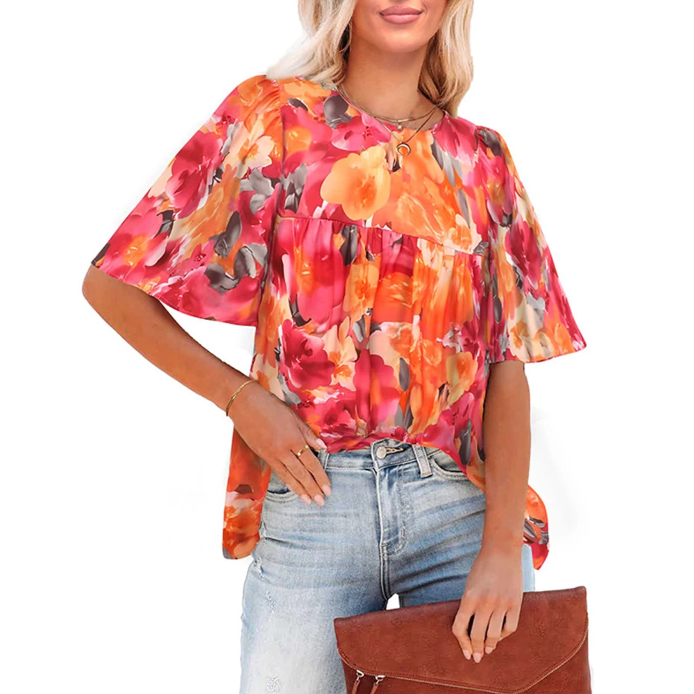 Short Sleeve Blouse Round Neck Loose Fit Pleated Design Casual Women Summer Top for Dating Daily Shopping Orange Pink Flower XXL