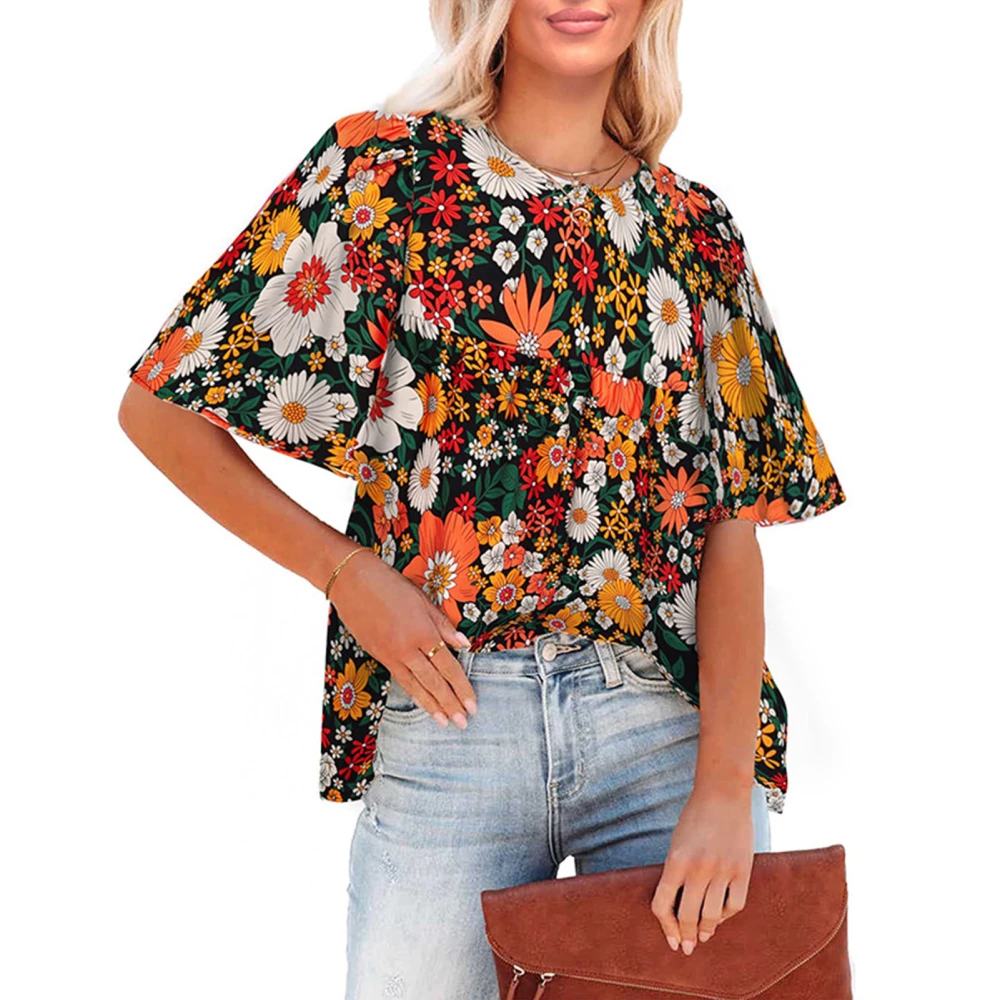 Short Sleeve Blouse Round Neck Loose Fit Pleated Design Casual Women Summer Top for Dating Daily Shopping Black Orange Flower XL