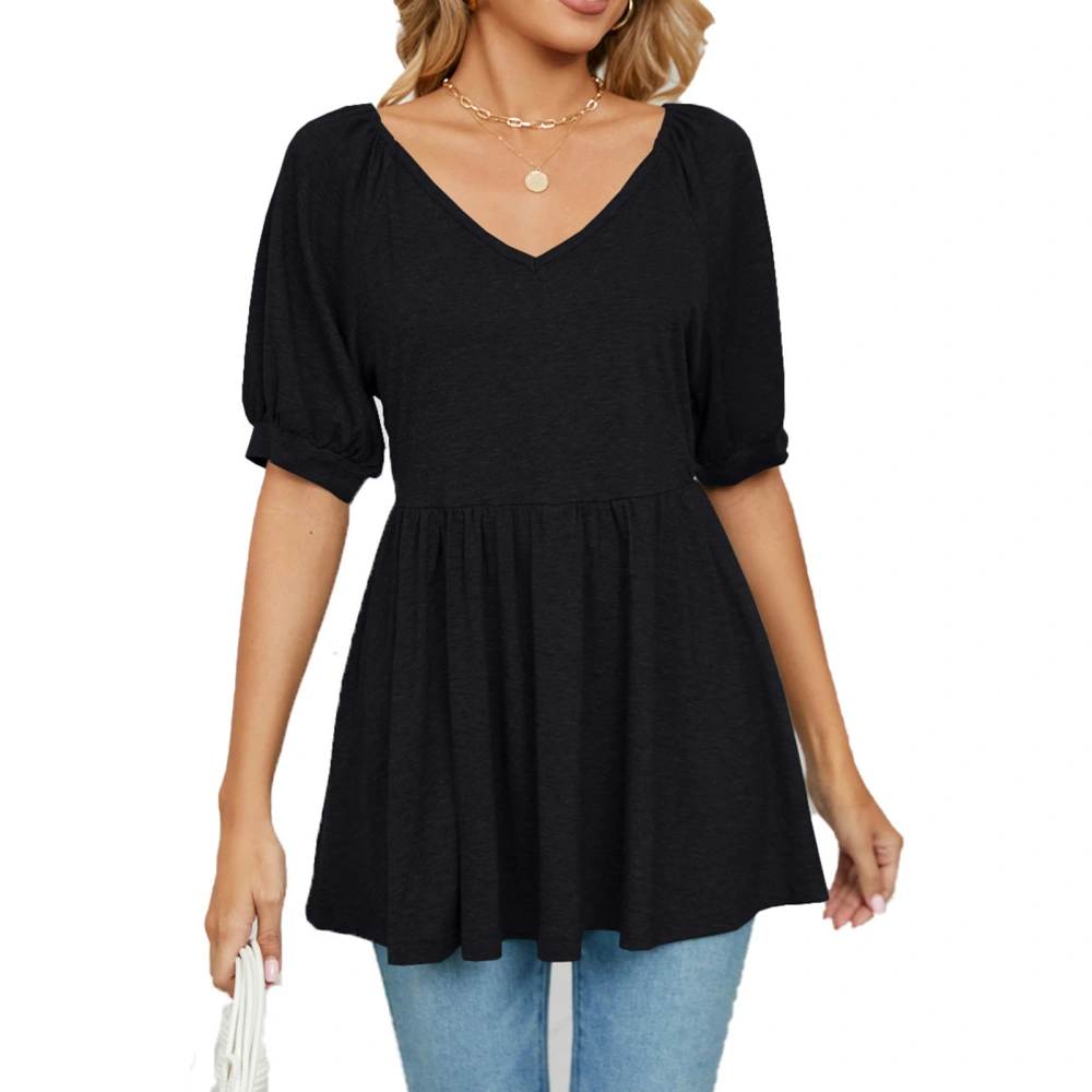 Women Summer Loose Top Mid Length Puff Sleeve V Neck Ruffle Hem Blouse for Female Black XL