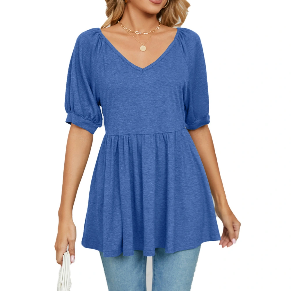 Women Summer Loose Top Mid Length Puff Sleeve V Neck Ruffle Hem Blouse for Female Blue S