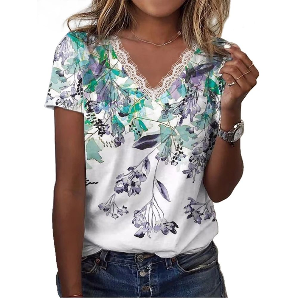 Wommen Summer T Shirt Loose Short Sleeve V Neck Lace Trim Floral Printed Top for Female Ladies Printing C Green XXL