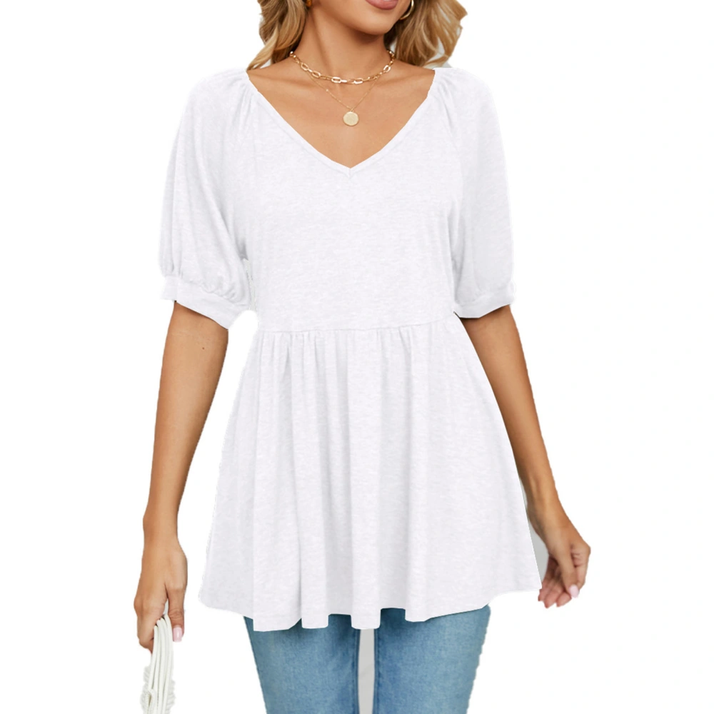 Women Summer Loose Top Mid Length Puff Sleeve V Neck Ruffle Hem Blouse for Female White XXL