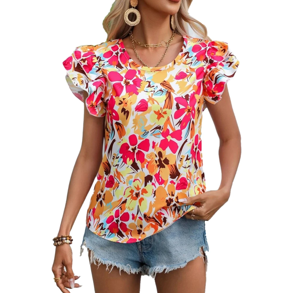 Women Summer Top Double Flutter Sleeves U Neck Flower Print Tie Back Summer Shirt Top Yellow Red XL