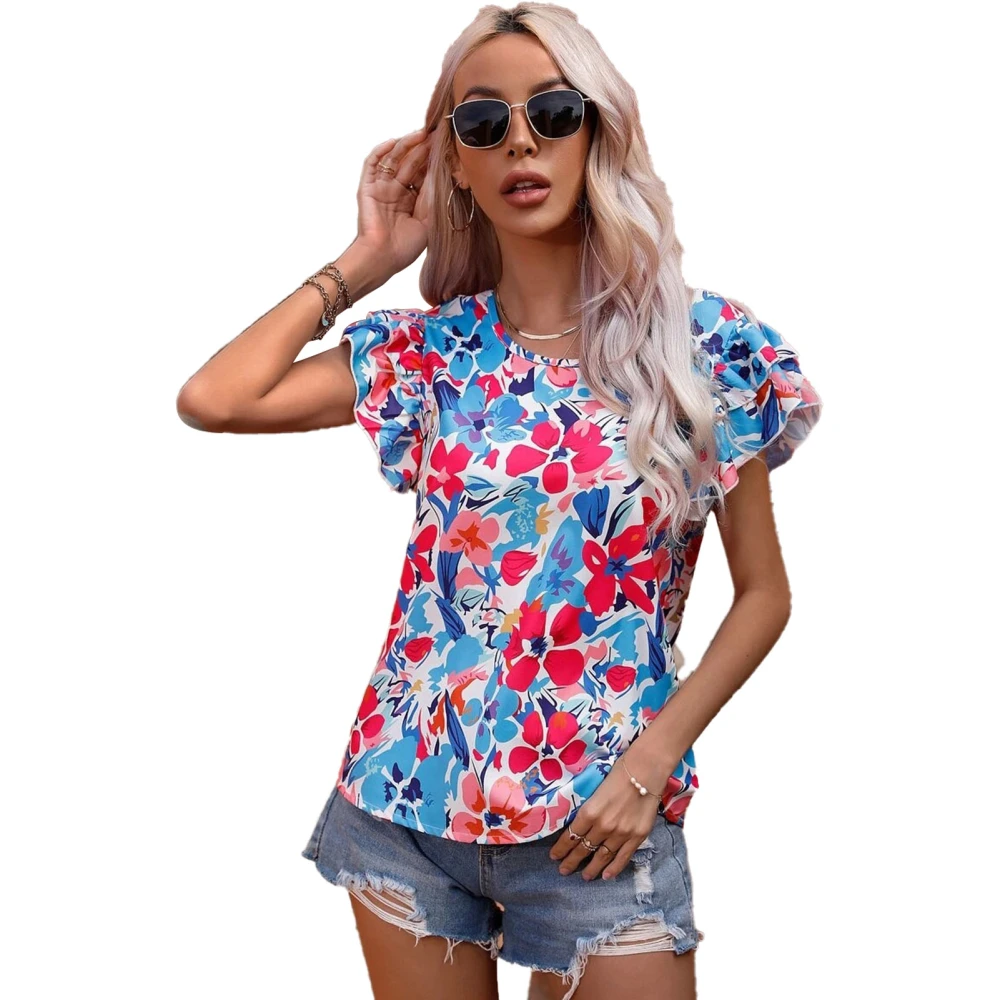 Women Summer Top Double Flutter Sleeves U Neck Flower Print Tie Back Summer Shirt Top Blue Rose XXL