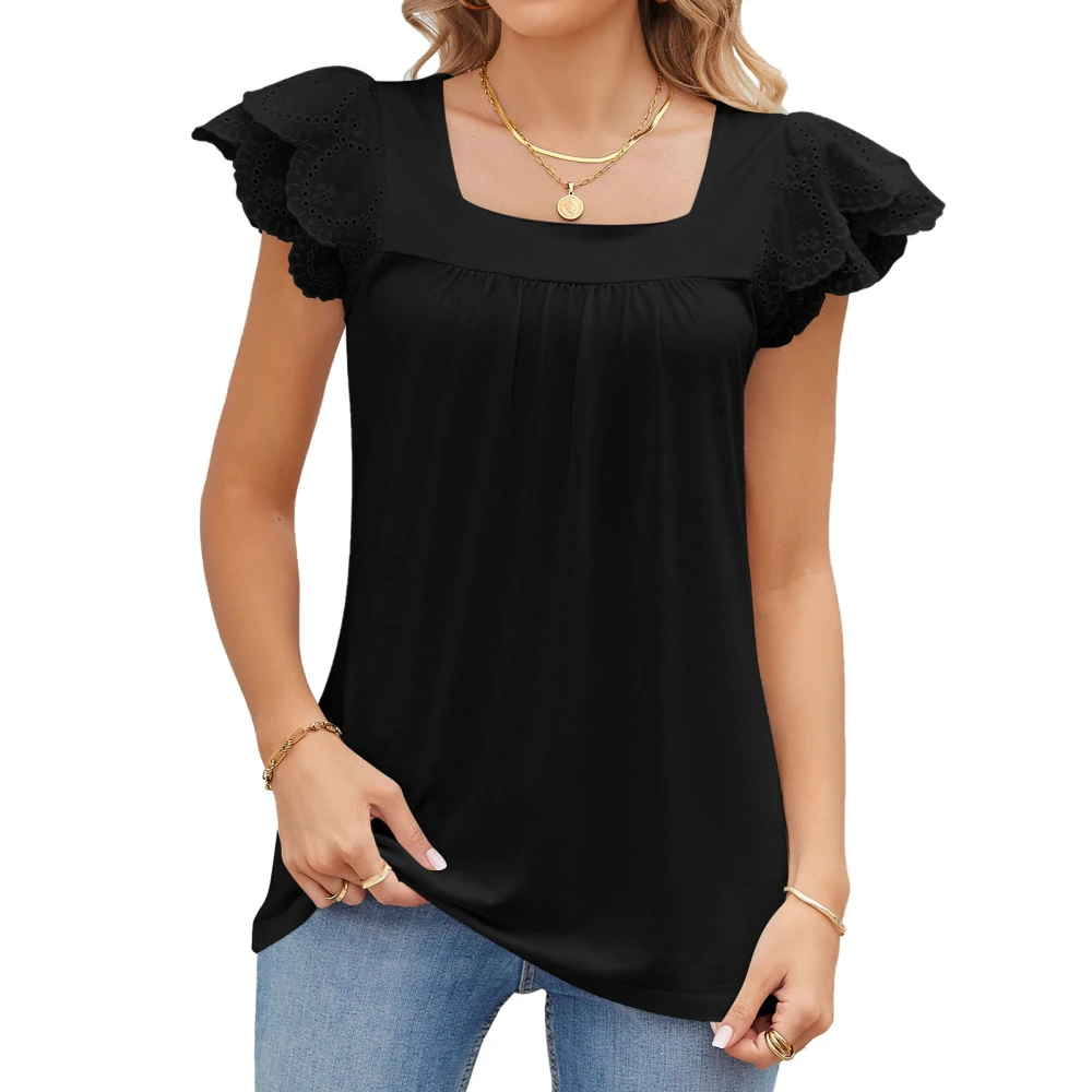 Women Short Sleeve Top Pure Color Lace Patchwork Casual Double Layer Petal Short Sleeve Shirt for Summer Black XL