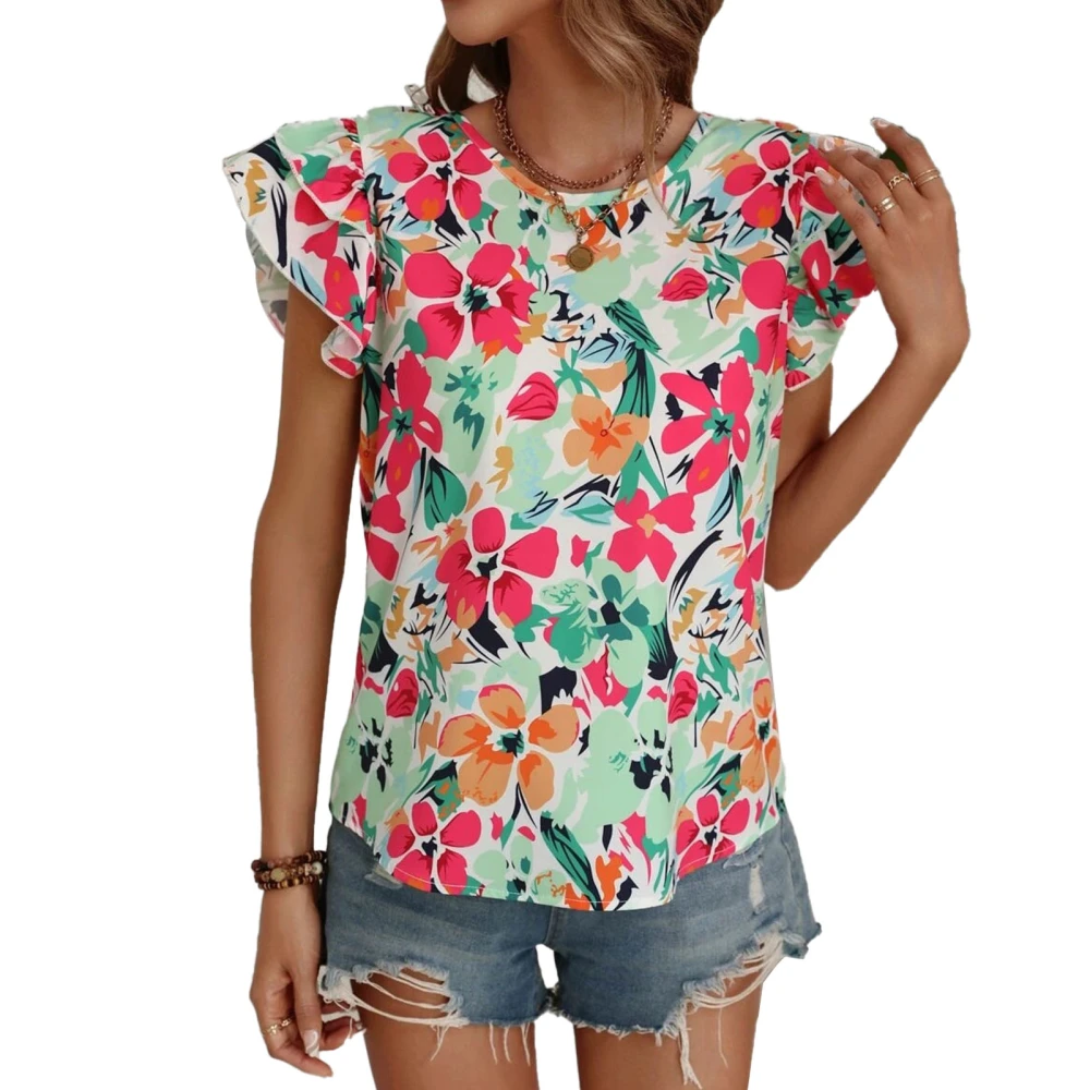 Women Summer Top Double Flutter Sleeves U Neck Flower Print Tie Back Summer Shirt Top Green Red M