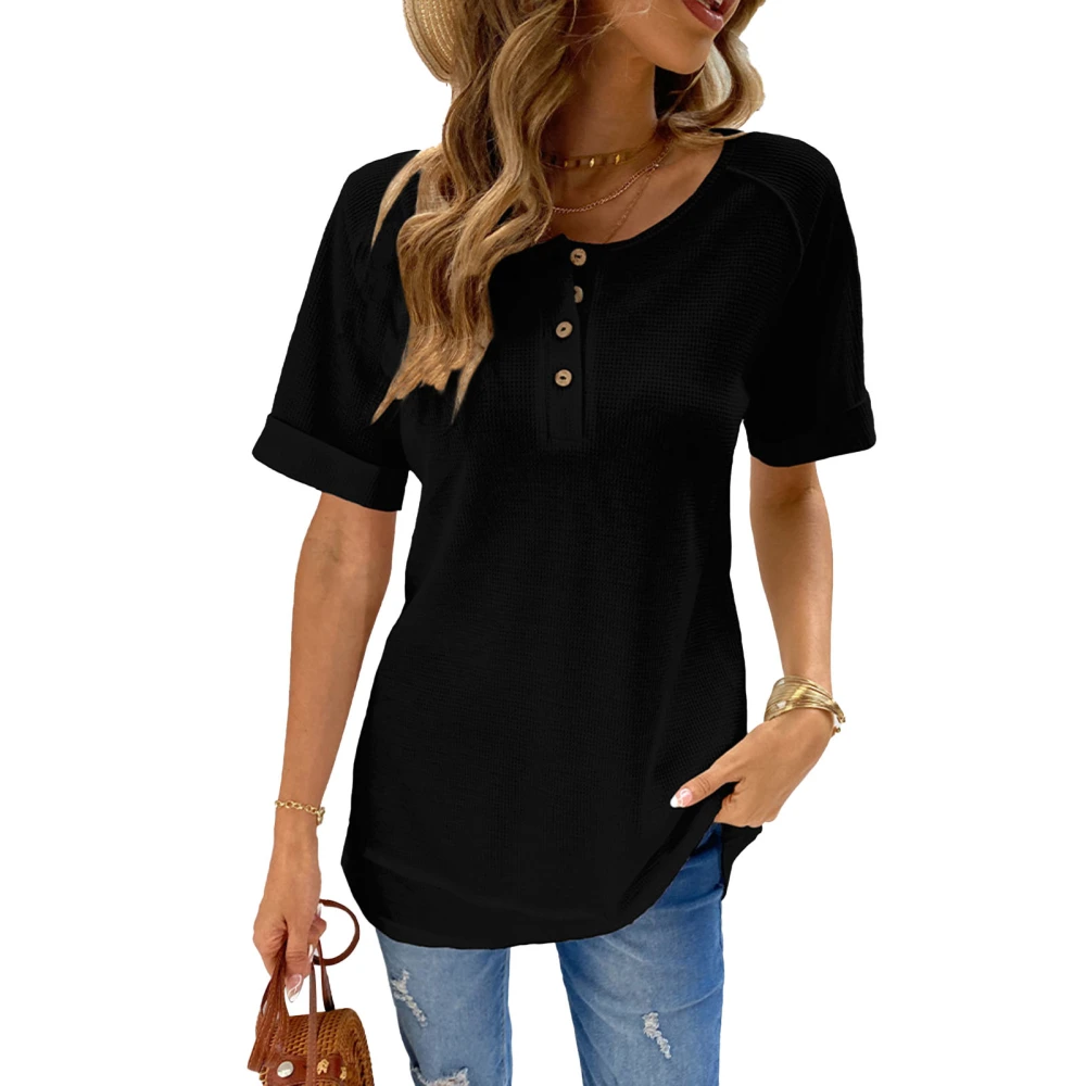 Short Sleeve Blouse Pure Color V Neckline Casual Fitted Short Sleeve Blouse for Lady Girl Summer Black S