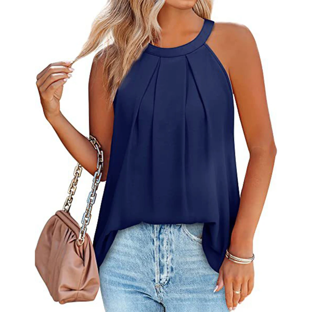 Women Halter Neck Tank Top Loose Ruffled Fashion Soft Breathable Sleeveless Casual Blouse for Summer Navy Blue XL