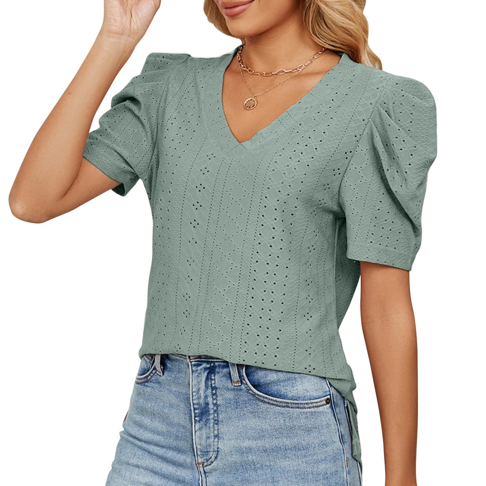 Women Casual Short Puff Sleeve Top V Neck Pure Color Elegant Dressy T Shirt for Summer Pea Green M