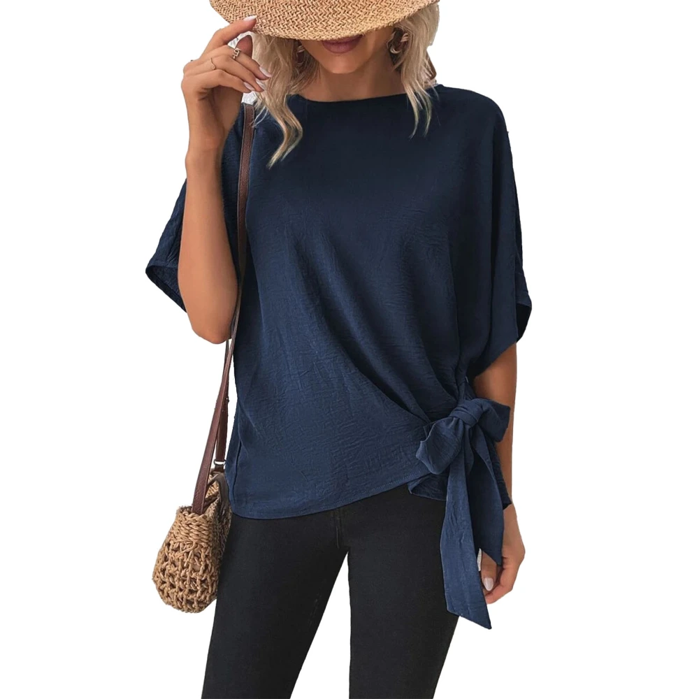 Women Summer Top Knotted Hem Back Pleated Midline Keyhole Back Half Sleeves Round Neck Summer Shirt Top Navy Blue L