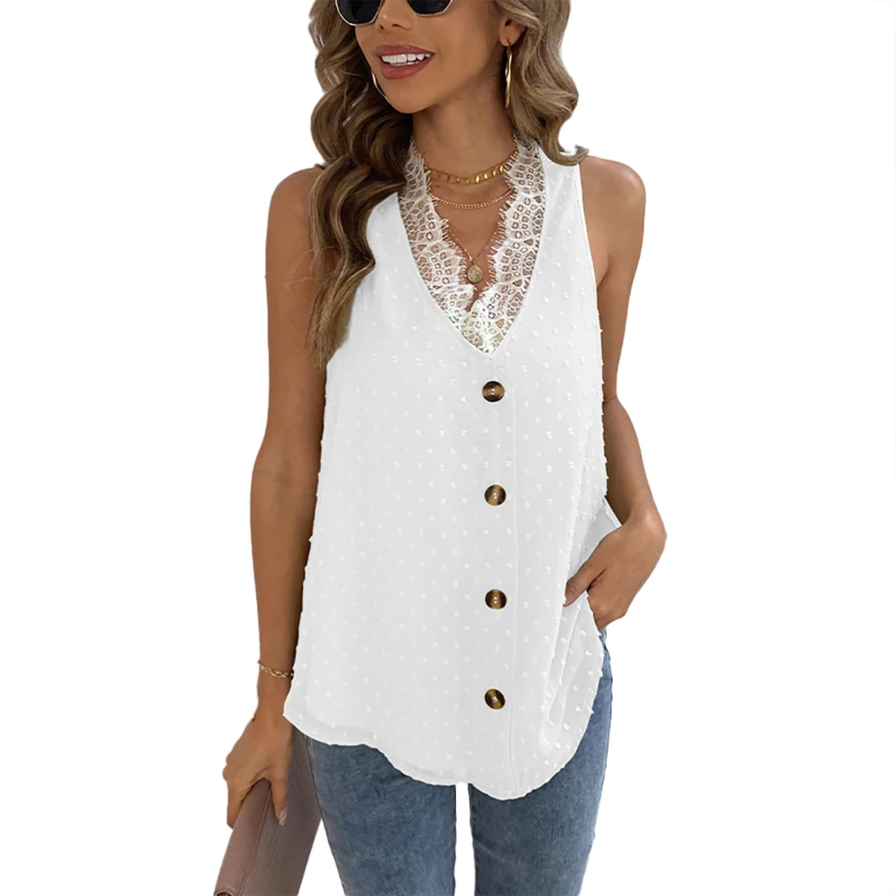 V Neckline Jacquard Tank Sleeveless Plain Color Lace Trim Jacquard Tank Blouse for Women Lady White S