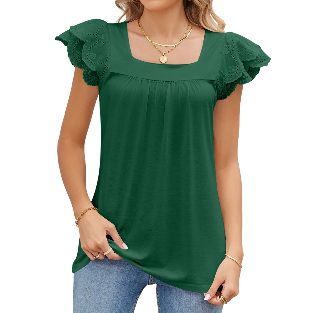 Women Short Sleeve Top Pure Color Lace Patchwork Casual Double Layer Petal Short Sleeve Shirt for Summer Dark Green M