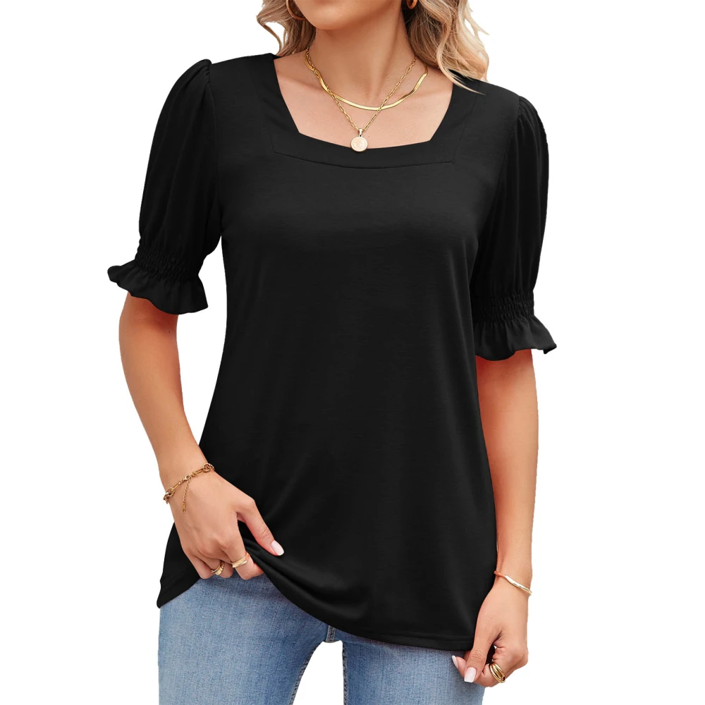 Women Puff Short Sleeve Tops Stylish Casual Loose Shirred Cuff Women Quadrate Neck Summer Shirts for Daily Work Party Black XL