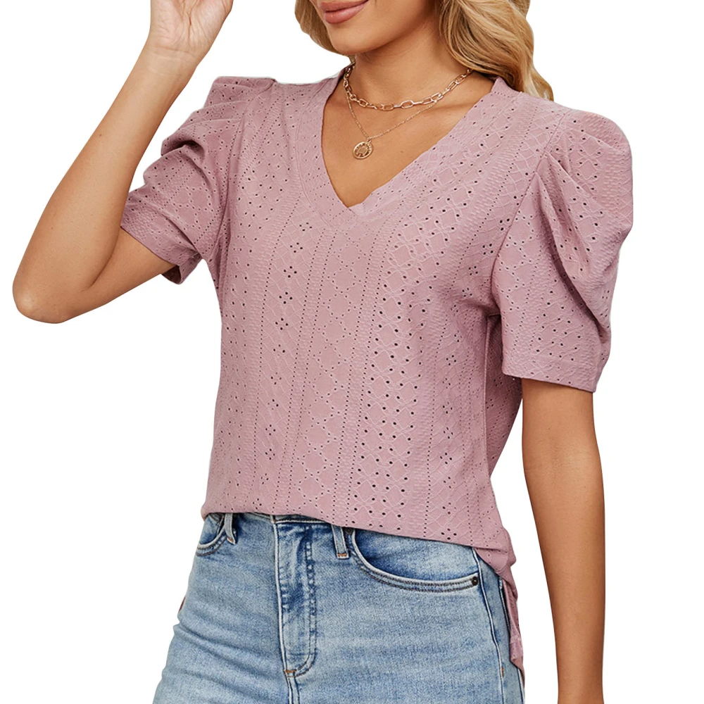 Women Casual Short Puff Sleeve Top V Neck Pure Color Elegant Dressy T Shirt for Summer Dark Pink L