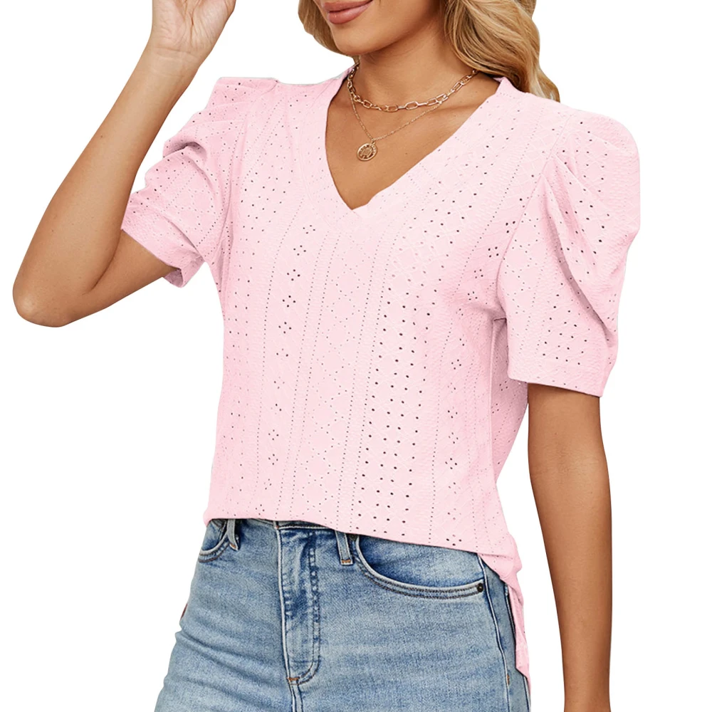 Women Casual Short Puff Sleeve Top V Neck Pure Color Elegant Dressy T Shirt for Summer Pink M