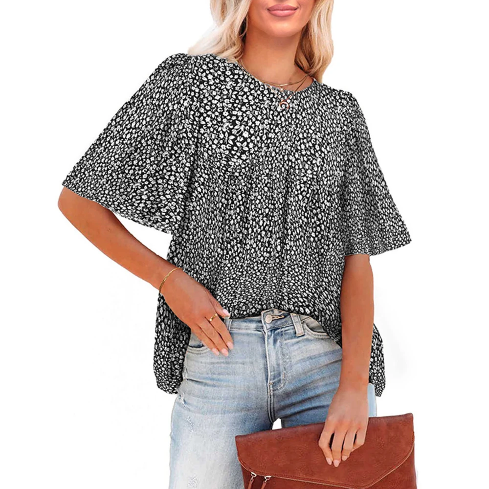 Short Sleeve Blouse Round Neck Loose Fit Pleated Design Casual Women Summer Top for Dating Daily Shopping Black XXL