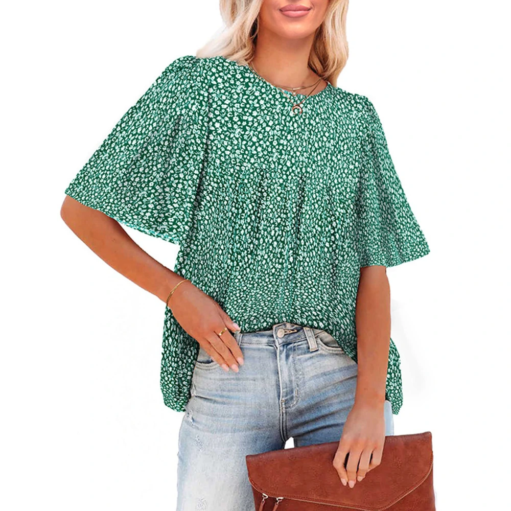 Short Sleeve Blouse Round Neck Loose Fit Pleated Design Casual Women Summer Top for Dating Daily Shopping Green XL