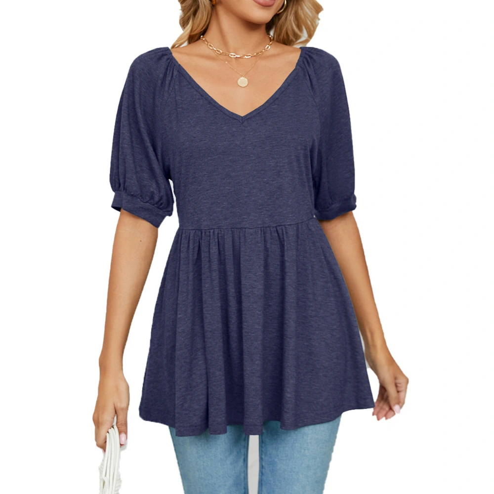 Women Summer Loose Top Mid Length Puff Sleeve V Neck Ruffle Hem Blouse for Female Navy Blue XL