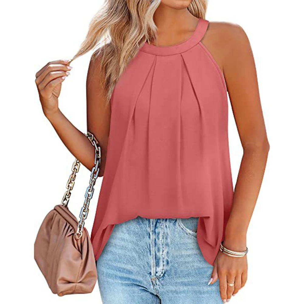 Women Halter Neck Tank Top Loose Ruffled Fashion Soft Breathable Sleeveless Casual Blouse for Summer Coral Pink L