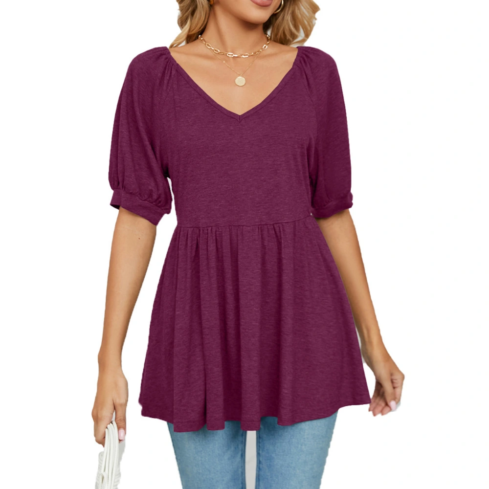 Women Summer Loose Top Mid Length Puff Sleeve V Neck Ruffle Hem Blouse for Female Wine Red XL