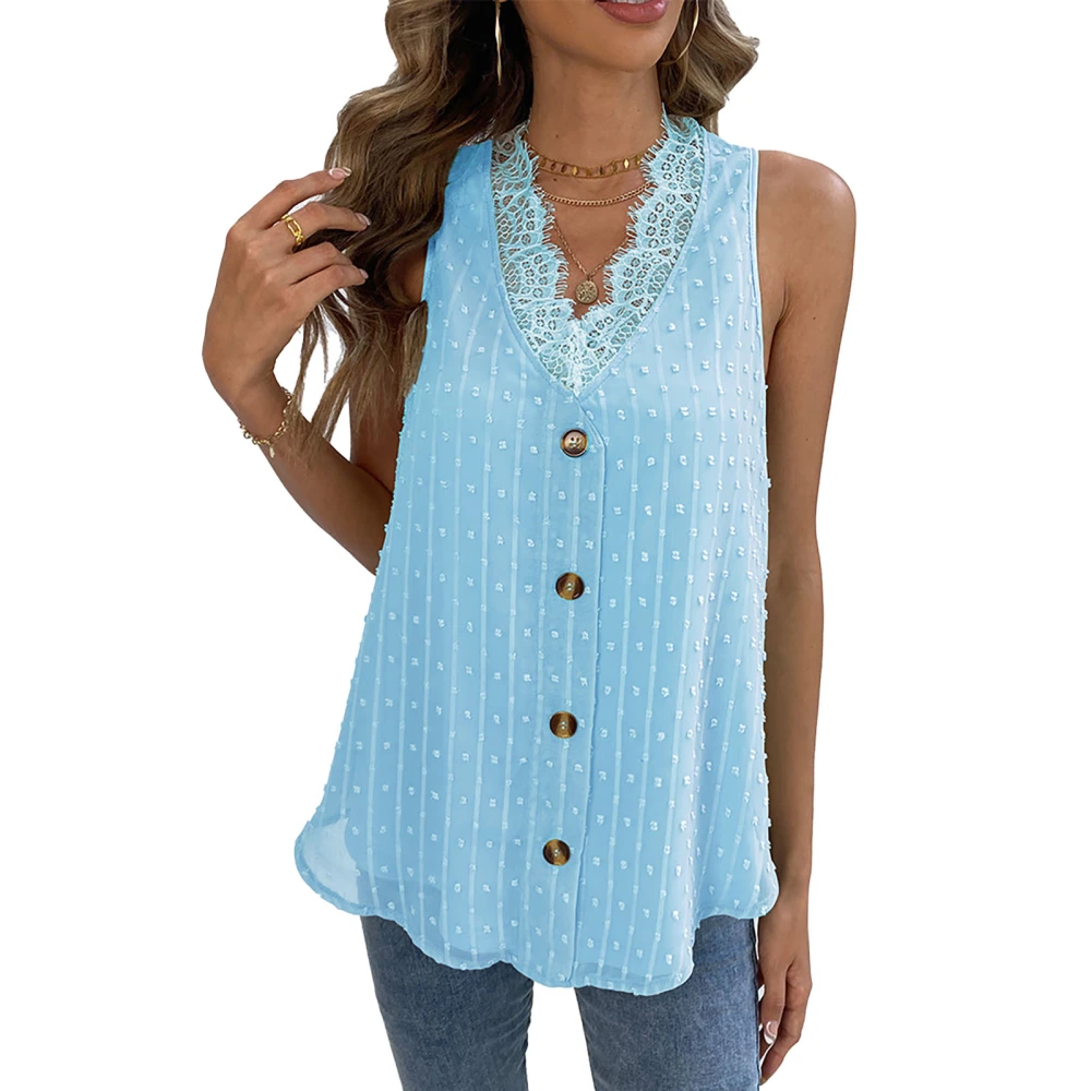 V Neckline Jacquard Tank Sleeveless Plain Color Lace Trim Jacquard Tank Blouse for Women Lady Sky Blue S