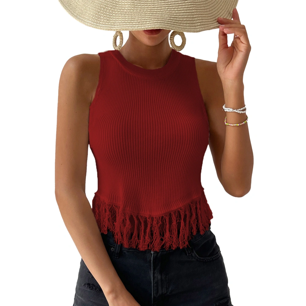 Women Top Sleeveless Round Neck Blouse Front Tassel Splicing Short Top Pure Color Blouse Burgundy M