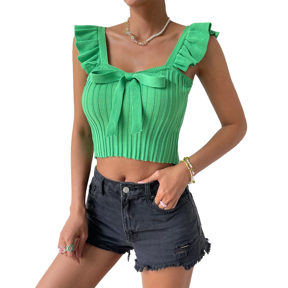 Women Top Bow Knot Front Neck Sleeveless Top Ruffle Rib Knit Slim Blouse Pure Color Blouse Green M