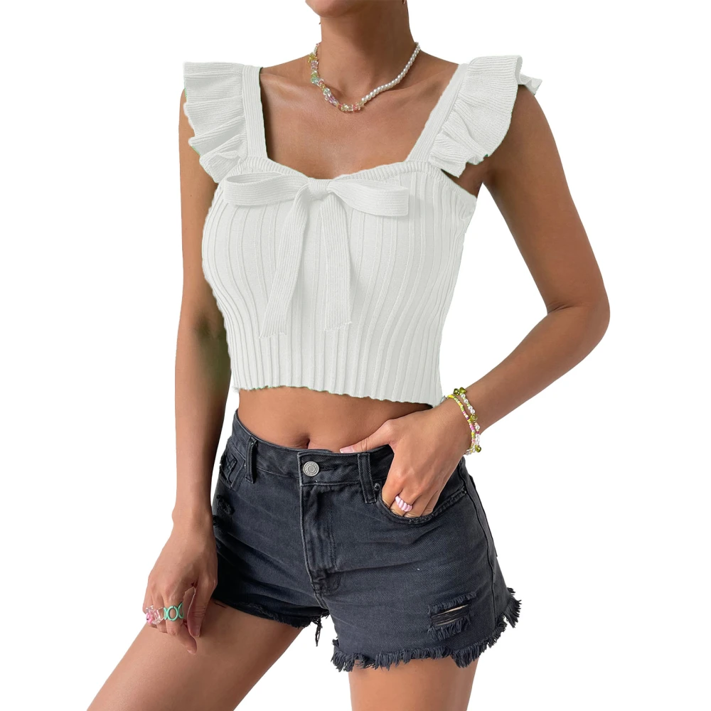 Women Top Bow Knot Front Neck Sleeveless Top Ruffle Rib Knit Slim Blouse Pure Color Blouse White M