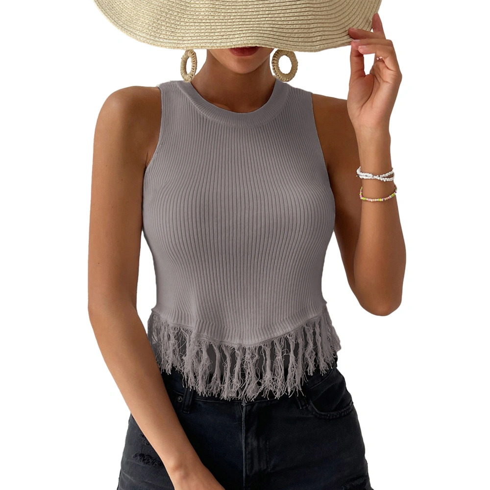 Women Top Sleeveless Round Neck Blouse Front Tassel Splicing Short Top Pure Color Blouse Grey S