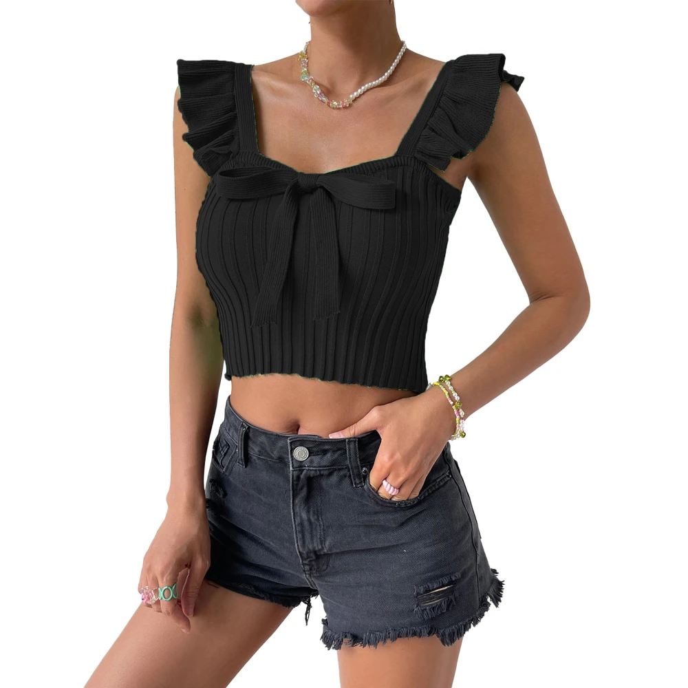 Women Top Bow Knot Front Neck Sleeveless Top Ruffle Rib Knit Slim Blouse Pure Color Blouse Black S