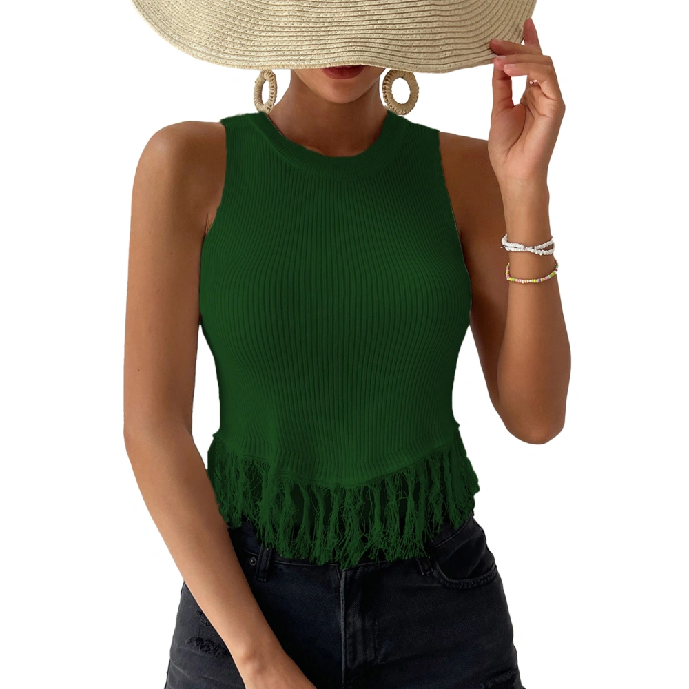 Women Top Sleeveless Round Neck Blouse Front Tassel Splicing Short Top Pure Color Blouse Green S