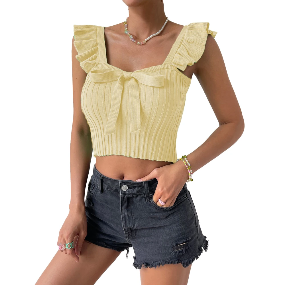 Women Top Bow Knot Front Neck Sleeveless Top Ruffle Rib Knit Slim Blouse Pure Color Blouse Apricot M