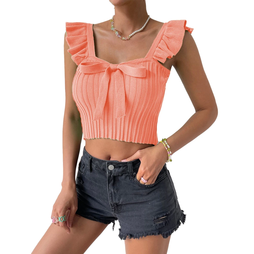 Women Top Bow Knot Front Neck Sleeveless Top Ruffle Rib Knit Slim Blouse Pure Color Blouse Dusty Pink M