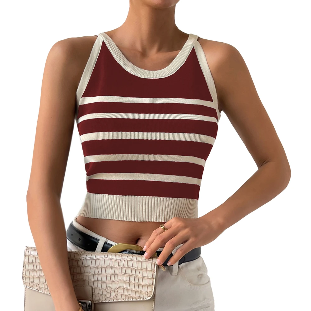 Women Knit Tank Top Striped Slim Fit Round Neck Fashion Women Sleeveless Short Top for Office Party Daily Wine Red M