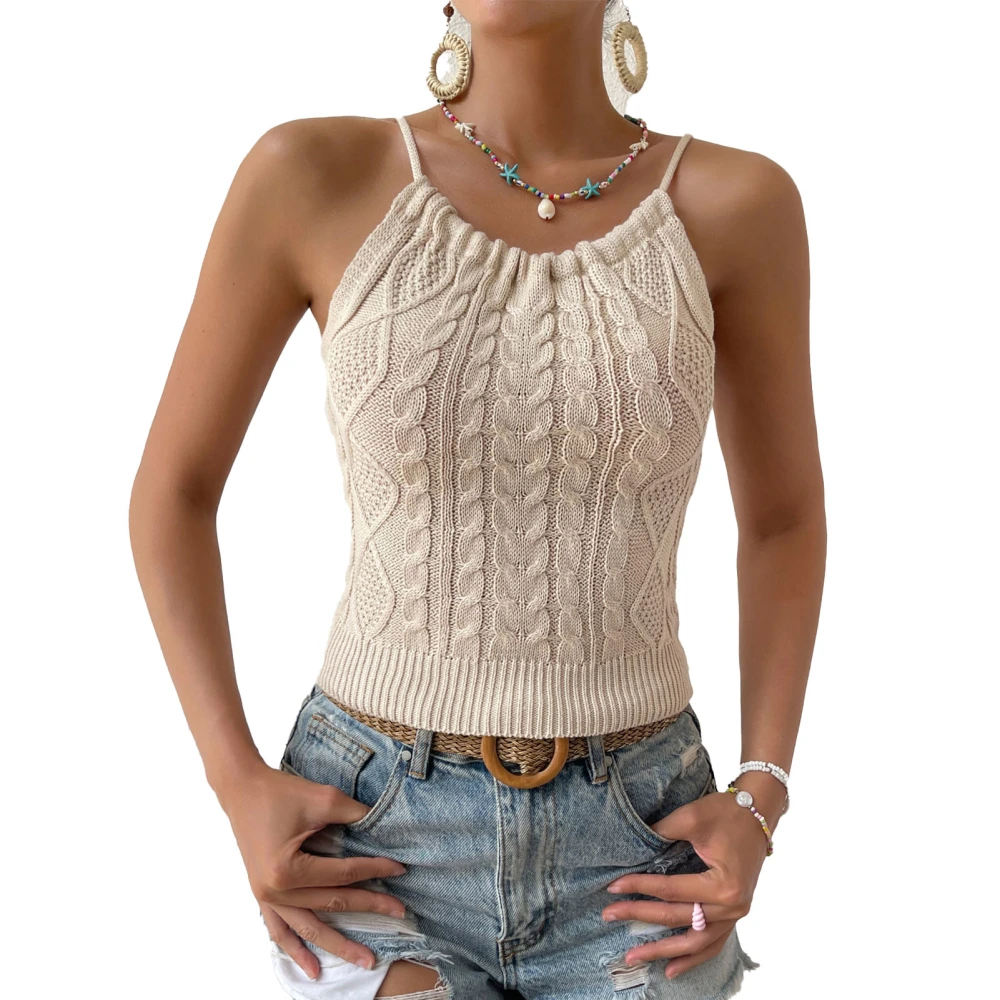 Halter Neck Cable Knit Vest Plain Color Round Neck Backless Cable Knitted Vest Top for Women Lady Girl Summer Apricot L