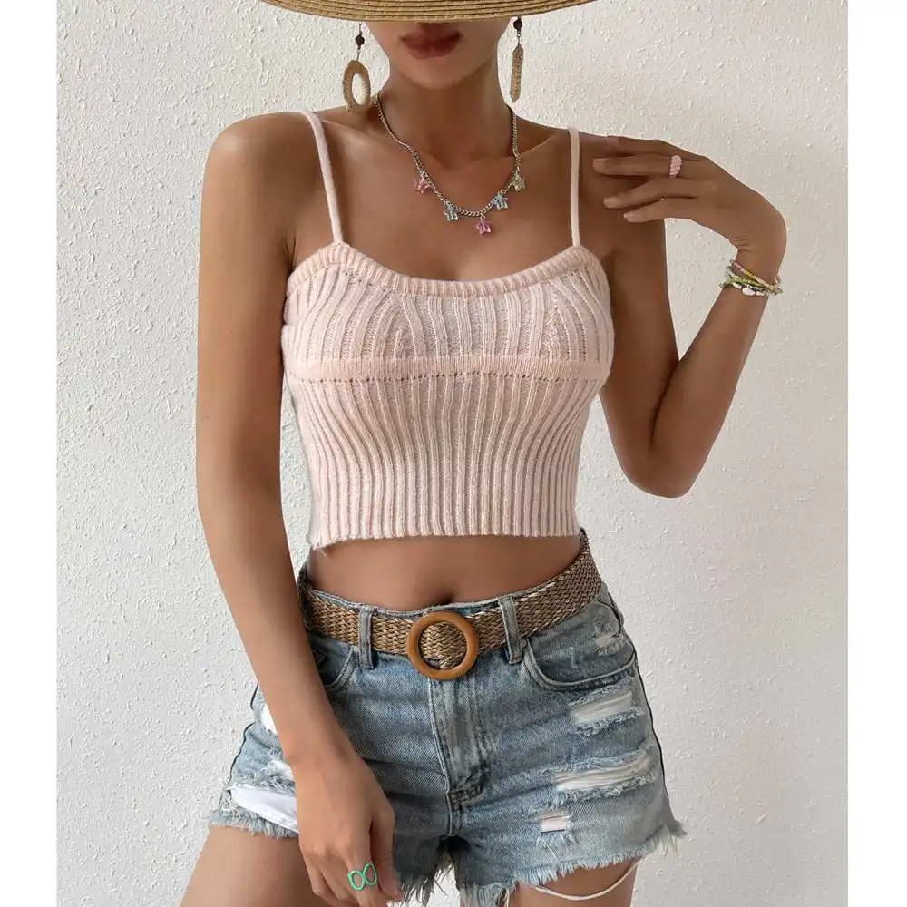 Women Rib Knit Short Camisole Plain Color Slim Fit Spaghetti Strap Tank Top Sleeveless Shirt for Dating Pale Pinkish Grey L