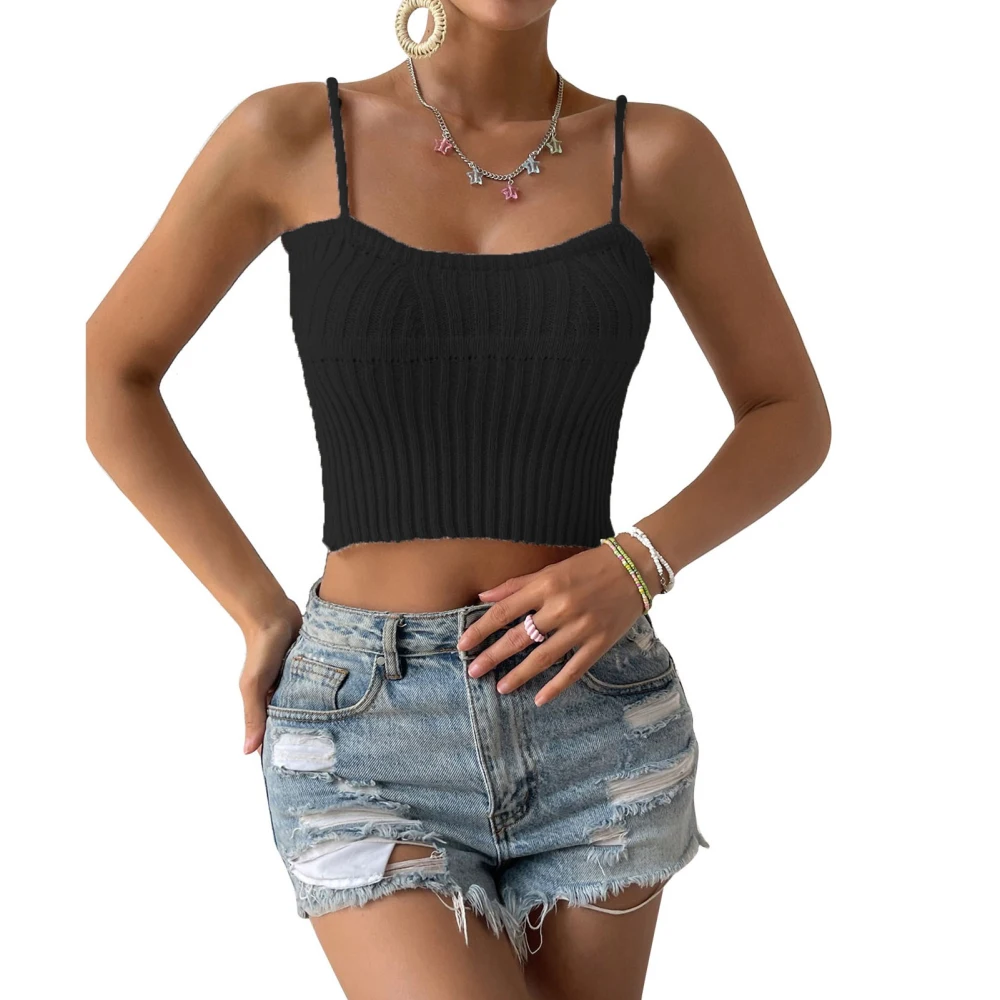 Women Rib Knit Short Camisole Plain Color Slim Fit Spaghetti Strap Tank Top Sleeveless Shirt for Dating Black M