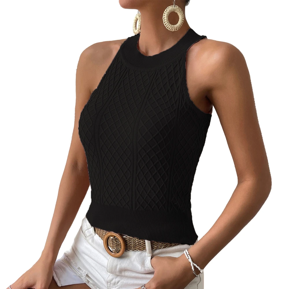 Women Halter Tank Top for Summer Cable Knit Casual Slim Fit Pure Color Sleeveless Shirt Black L