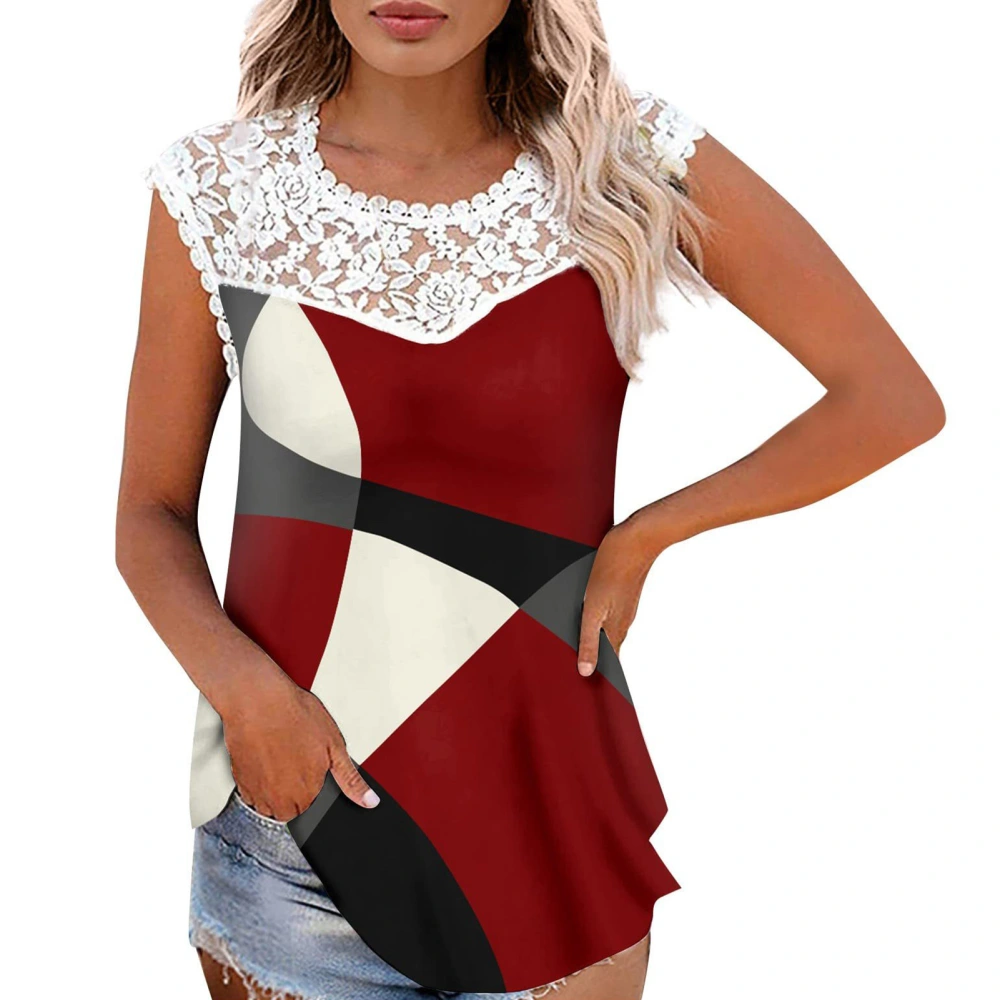 Women Round Neck Tank Top Lace Splicing Geometric Pattern Summer Sleeveless Vest for Daily Wear Red L