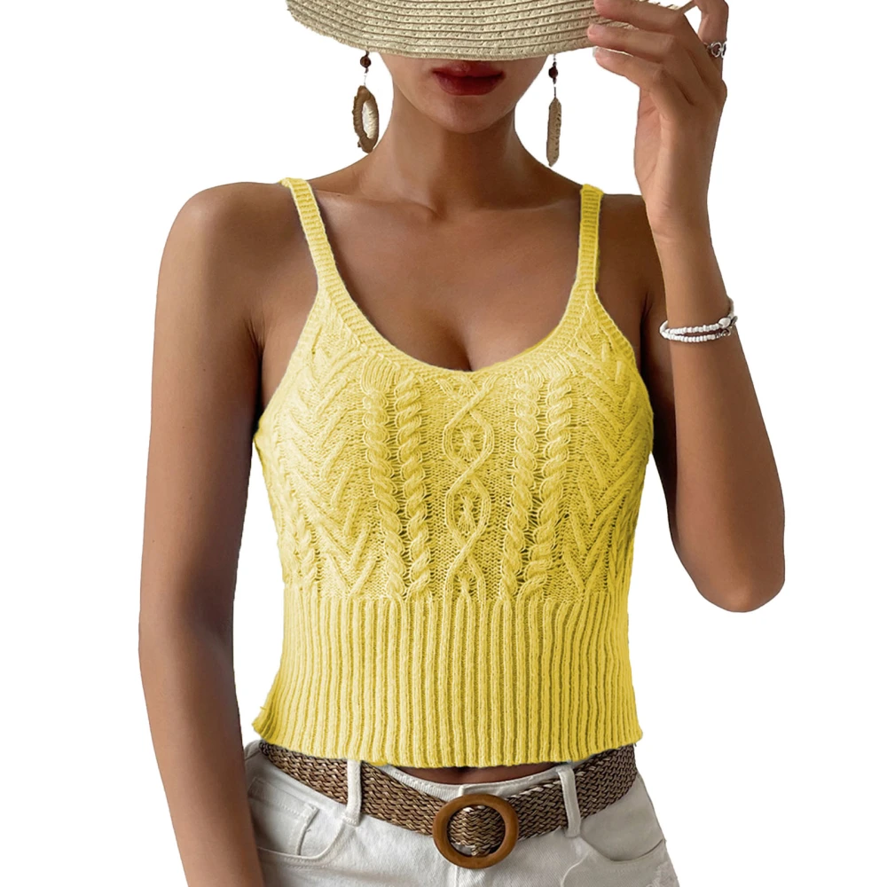 Crewneck Cable Knit Tank Top Women Elegant Fashionable Pure Color Slim Fit Camisole Sleeveless Shirt Yellow M