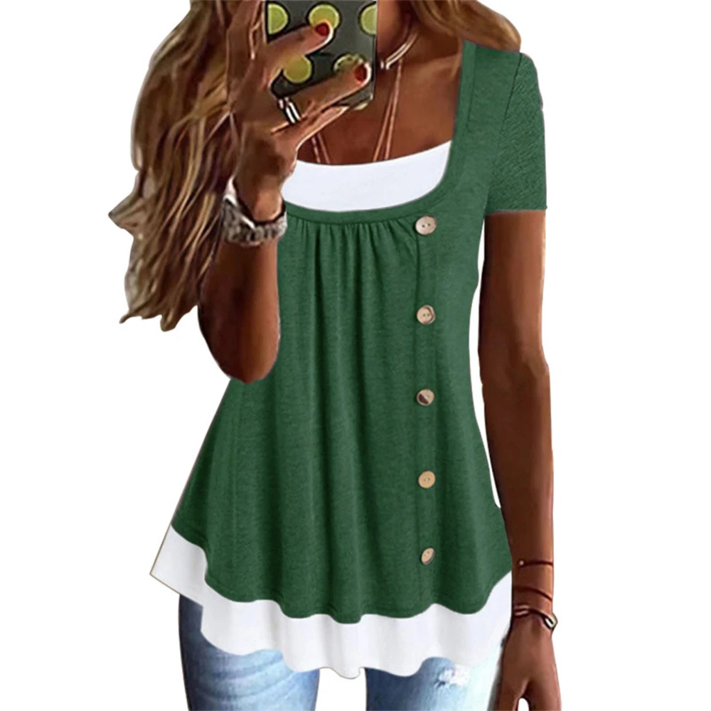 2 in 1 T Shirt Pleated Front Button Trim Loose Fitting Summer Casual Blouse for Women Green S