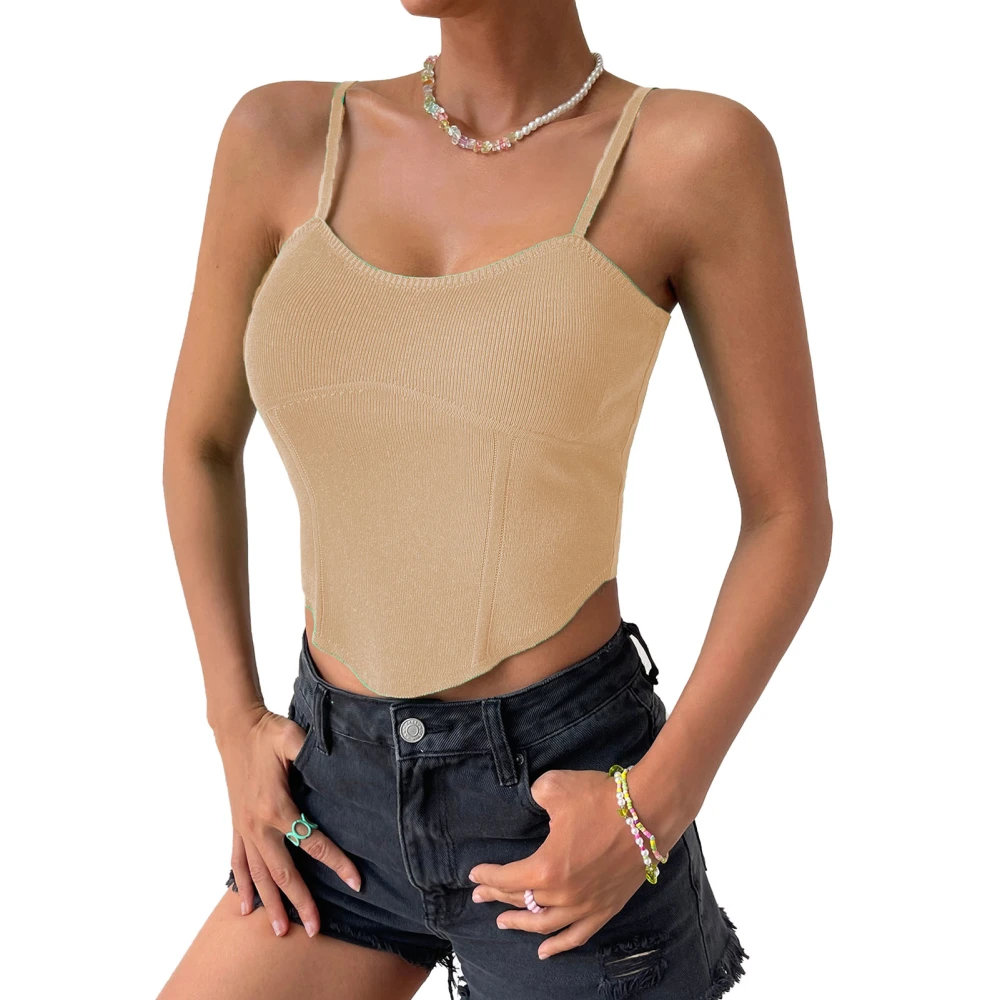 Women Ribbed Knit Camisole Tank Top Asymmetrical Hem Strappy Slim Fit Spaghetti Strap Shirt Apricot M